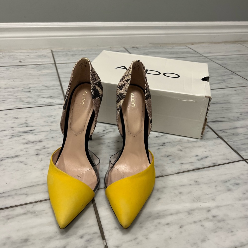 One of a kind yellow and animal print heels